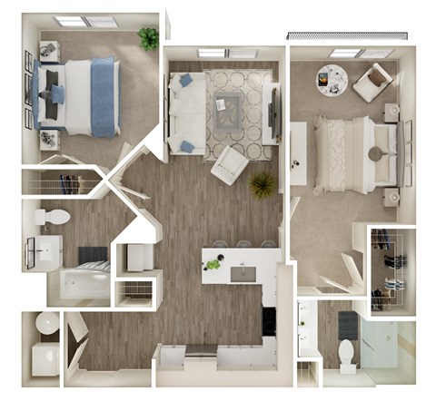Floor plan for 2 beds, 2 baths, 975 sqft